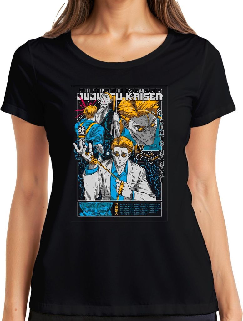 Jujutsu Kaisen Kento Nanami Anzug Brille Anime Manga Geschenk Damen T-Shirt, Schwarz, XL