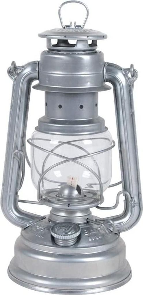 A silver storm lantern is shown against a white background.