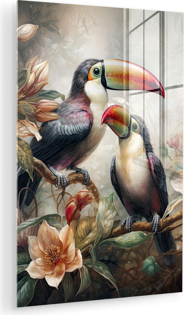 MuchoWow Glasbilder - Bilder auf Wandbild - Foto auf Glas Tukan - Vögel - Blumen - Dschungel 20x30 cm Wanddekoration aus Glas - Acrylglasbild - Ac...