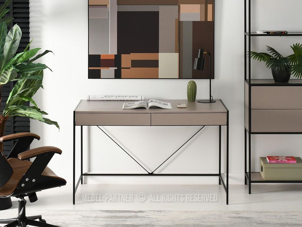 A modern office or study space with a desk, chair, and shelving unit.