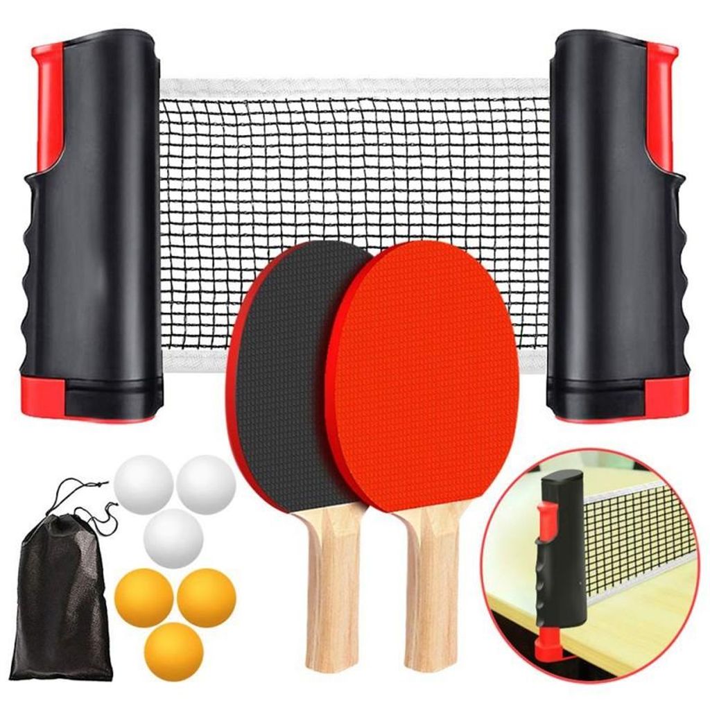 Profi Tischtennis-Set, 2 Tischtennisschläger + einziehbares Netz + 6 Bälle Tischtennisbälle + 1 Tragetasche, Tischtennisschläger Set für Kinder
