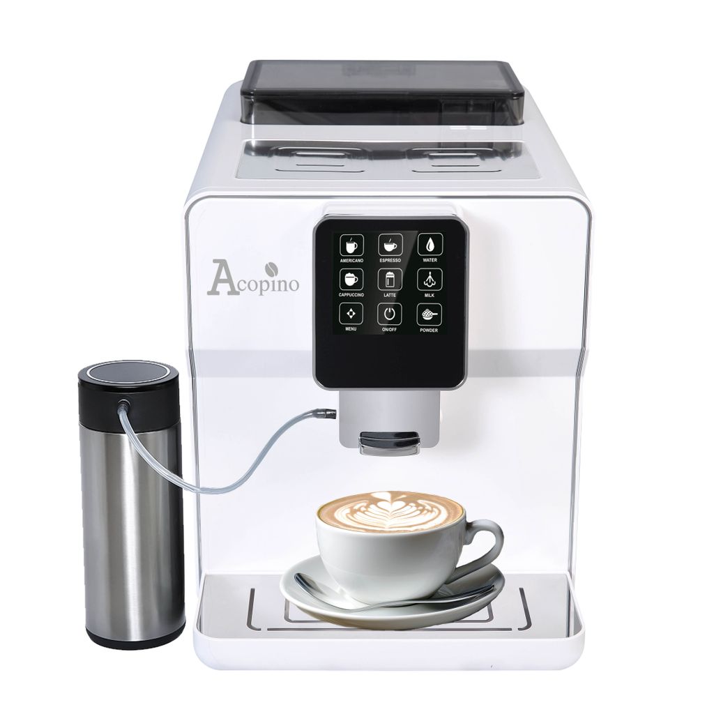 Kaffeevollautomat mit integriertem Mahlwerk – Espresso, Kaffee & Milchgetränke – Vollautomatische Kaffeemaschine – Acopino New Roma – Weiß