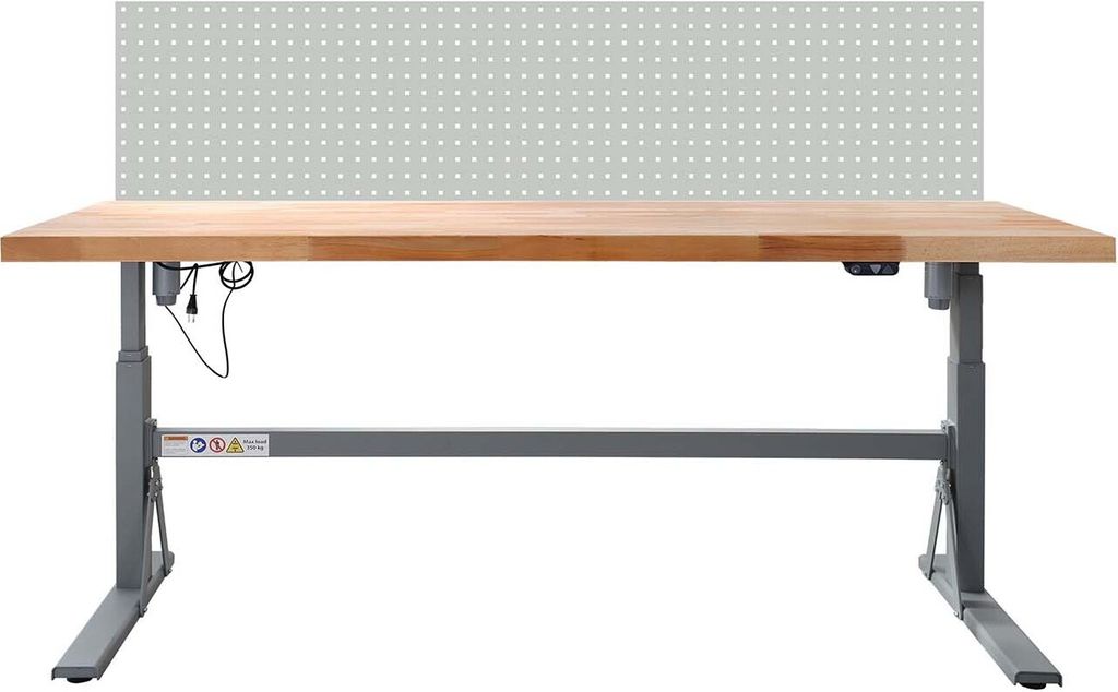 ADB Werkbank HEAVY elektrisch höhenverstellbar Buchenholz mit Lochwand (RAL 7035)