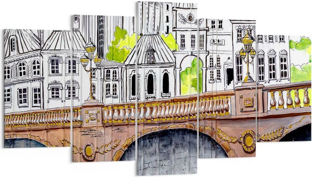 Bild auf Leinwand - Leinwandbild - Frankreich brücke zeichnung - 160x85cm - Wand Bild - Wanddeko - Leinwanddruck - Bilder - Kunstdruck - Wanddekor...