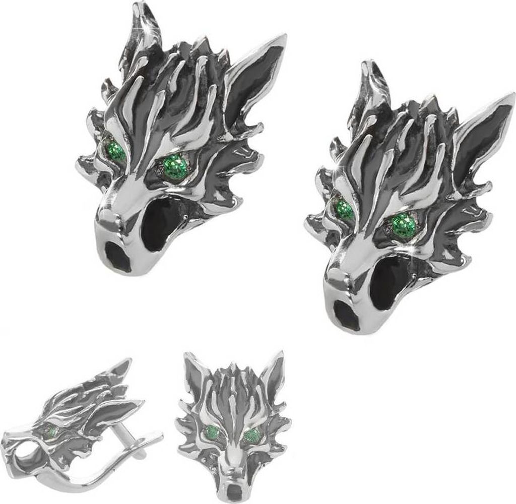 Paar 925 Sterlingsilber Wolfskopf Ohrringe Bikerschmuck Gothic Zirkon Grün 6162