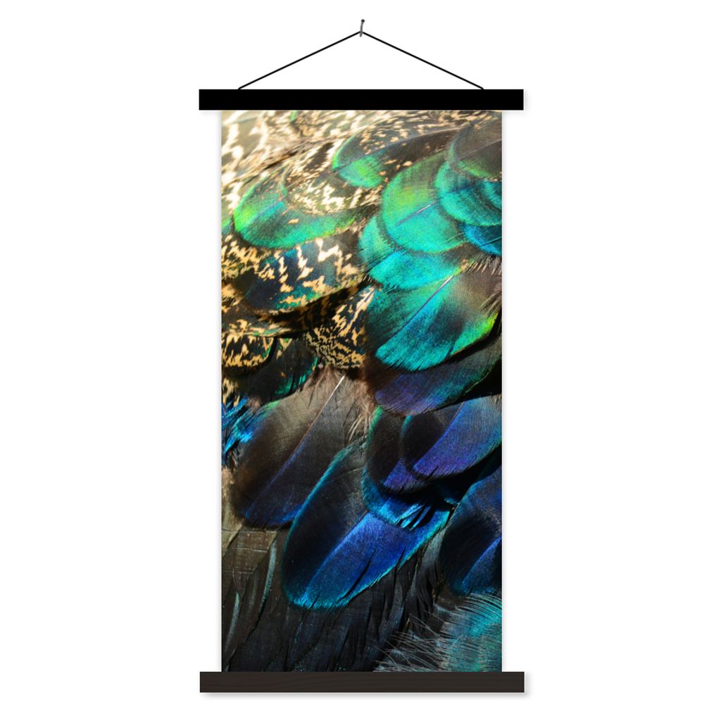 MuchoWow Textilposter Federn - Pfauenfedern - Pfau - Blau - Kunst 40x80 cm mit schwarzem Rahmen - Wandemalerei
