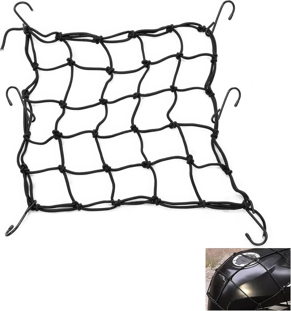 Motorradhelmnetz Elastisches Gepäcknetz mit Haken 30 x 30 cm Schwarz Kompatibel mit Motorrad, Fahrrad, Boot, Schneemobil, Mountainbike