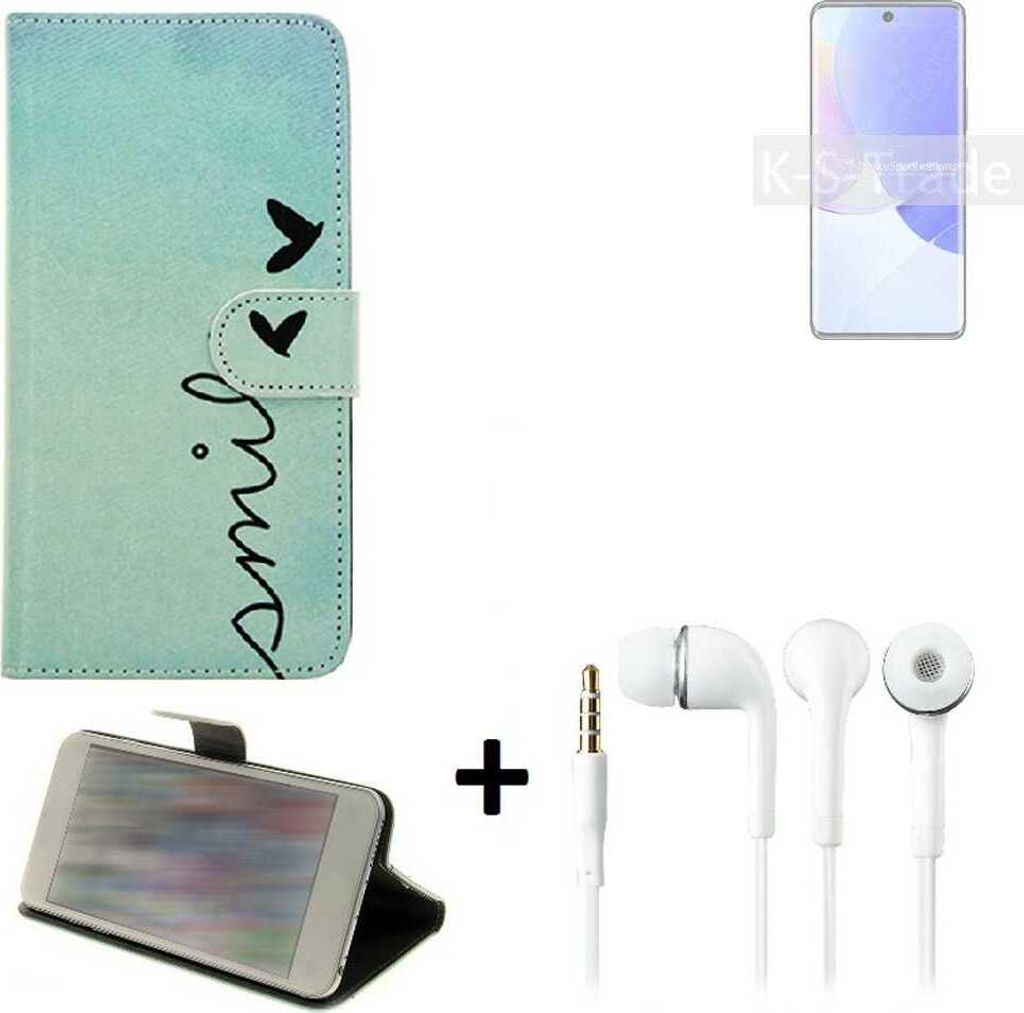 K-S-Trade Schutz Hülle Handy Hülle kompatibel mit Huawei nova 9 360° Wallet Case Schutz Hülle ''smile'' inkl. Ohrstöpsel Smartphone cover