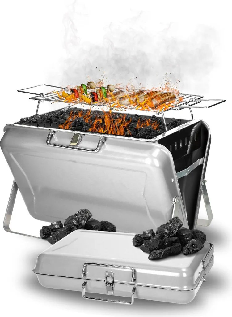 Barbecue au charbon de bois portable argenté style valise compacte