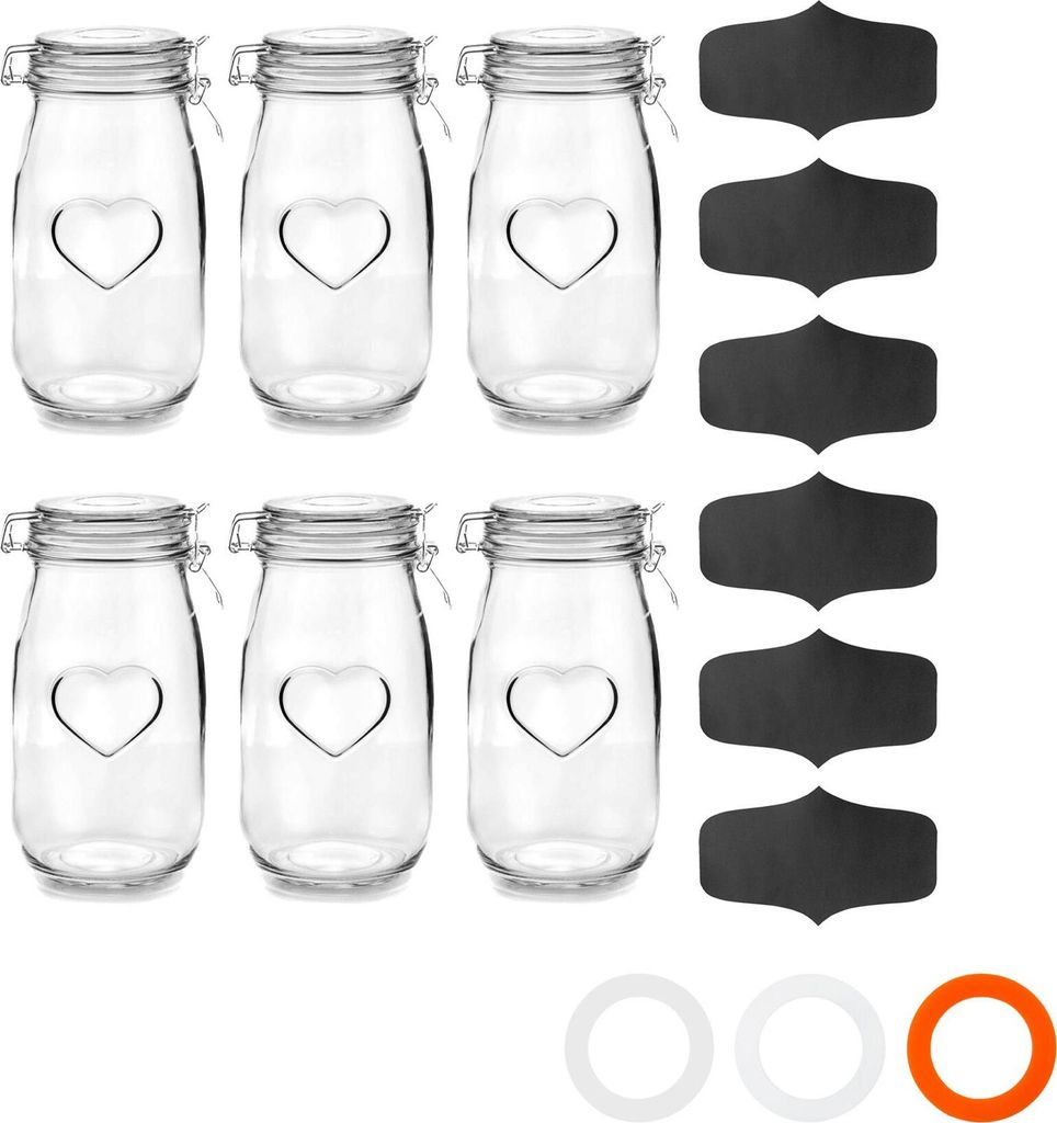 Herzförmige Vorratsgläser aus Glas mit Etiketten – 1,5 Liter – transparenter Verschluss – 6 Stück
