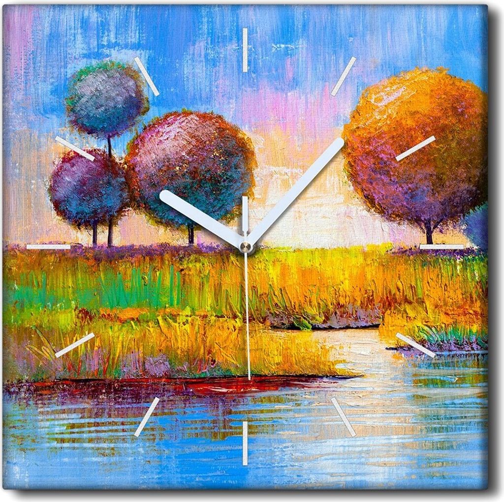 Coloray Uhr auf Leinwand 30x30 cm Wand Uhr Dekoration Wohnzimmer Segeltuch weiße Zeiger -Sommer-River Natur.