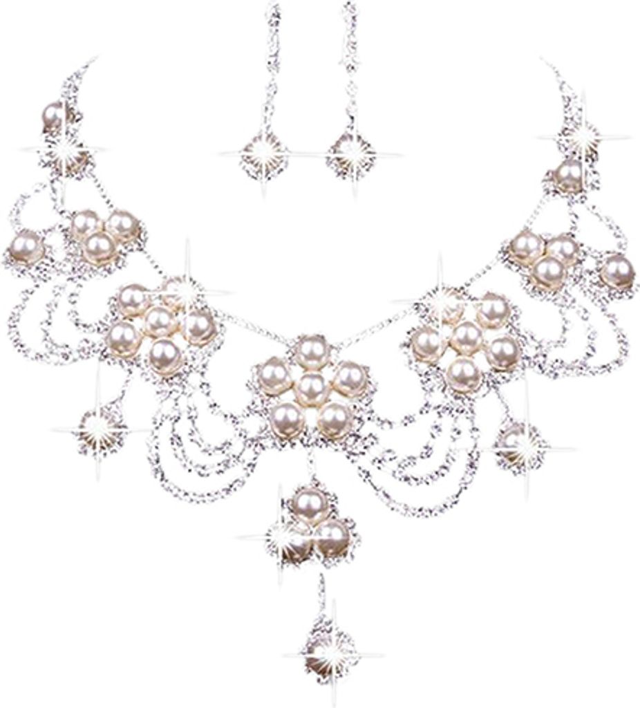 Luxus-Strass-Kunstperlen-Halsketten-Ohrring-Hochzeits-Brautschmuck-Set für Damen