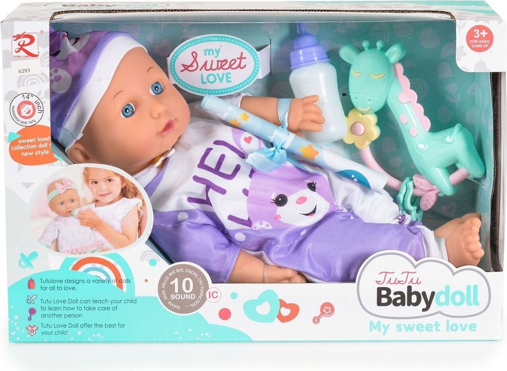 Moni Kinderpuppe 36 cm spricht macht Geräusche Flasche Rassel Softpuppe Kleidung lila