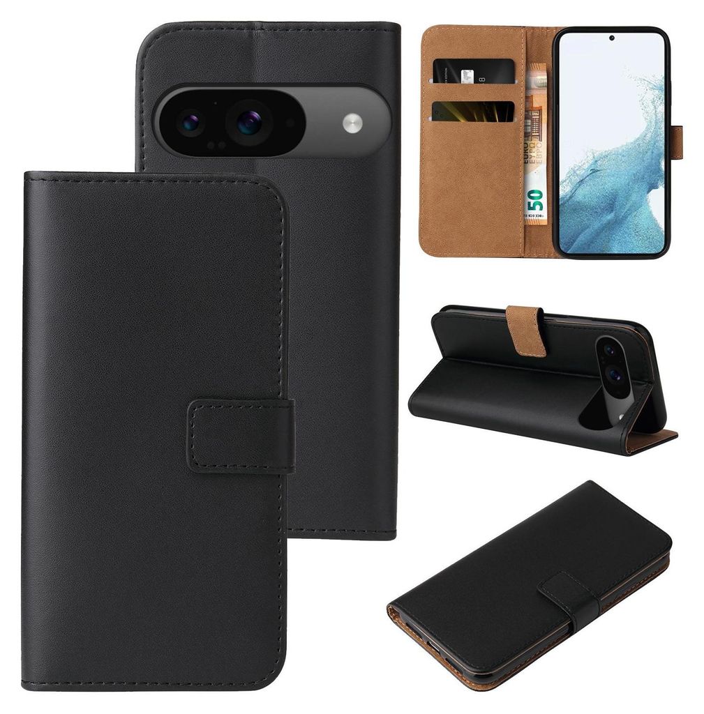 A collage of images showing a black flip phone case for a Google Pixel phone, including a view of the phone inside the case, the case open with cards inserted, and the case folded as a stand.