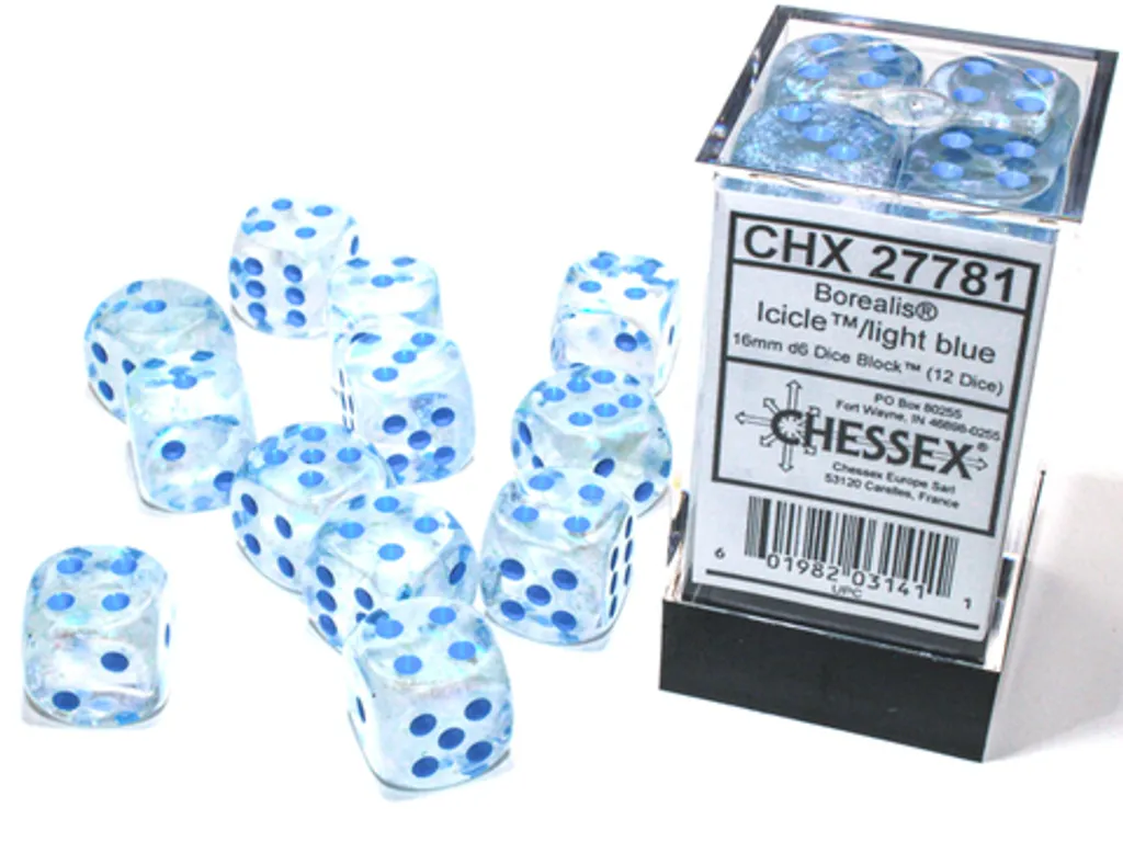 Chessex Borealis Glaçon : Set de 12 Dés D6 16mm Bleu Clair Scintillants