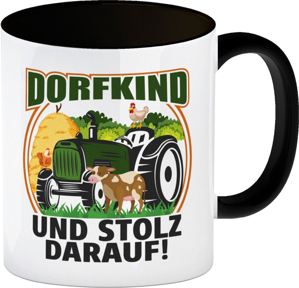 Dorf Kaffeebecher in schwarz mit Spruch Dorfkind und stolz darauf