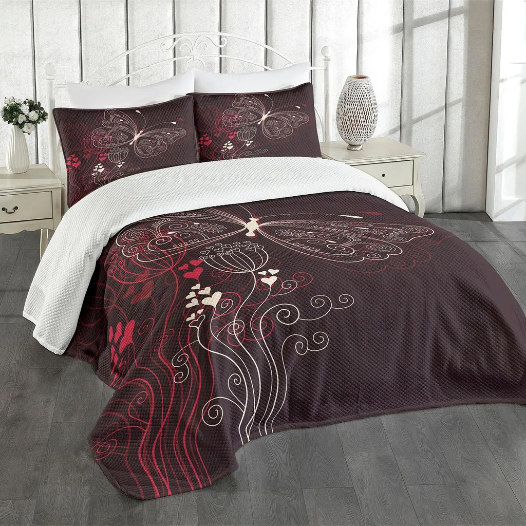 ABAKUHAUS Set copriletto romantico, motivo floreale astratto con cuore e farfalle - illustrazione romantica, 220 x 220 cm, marrone rossiccio beige