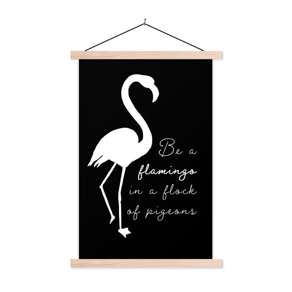 MuchoWow Textilposter Flamingo - Schwarz - Weiß 60x90 cm mit holzfarbenen Rahmen - Textil