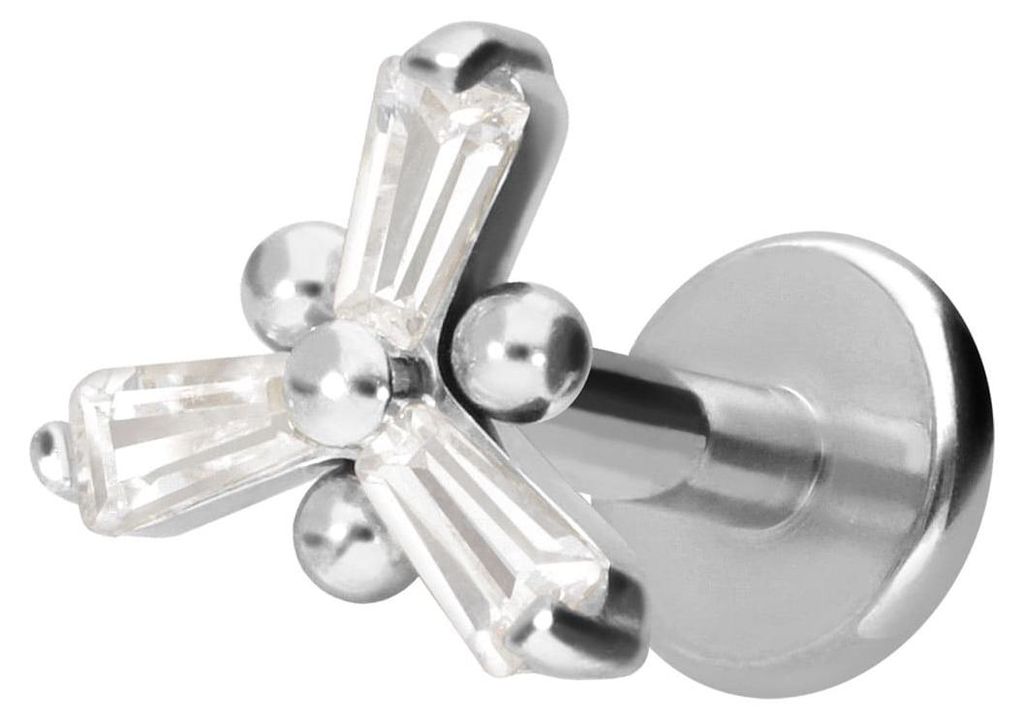 Ohrpiercing, Nasenpiercing Titan Labret mit Innengewinde KRISTALLBLUME Silber Stablänge: 10mm | Stabstärke: 1,6mm