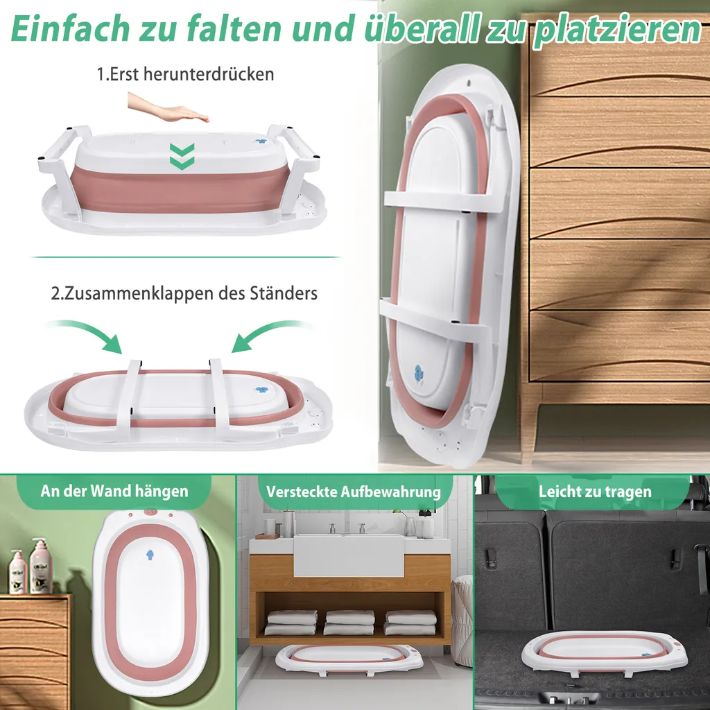 Baignoire Bébé Ergonomique Antidérapante Rose avec Coussin de Maintien
