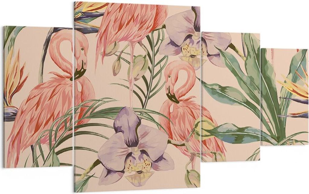 Bild auf Leinwand - Leinwandbild - Flamingos Pflanzen Vogel exotisch - 160x90cm - Wand Bild - Wanddeko - Leinwanddruck - Bilder - Kunstdruck - Lein...