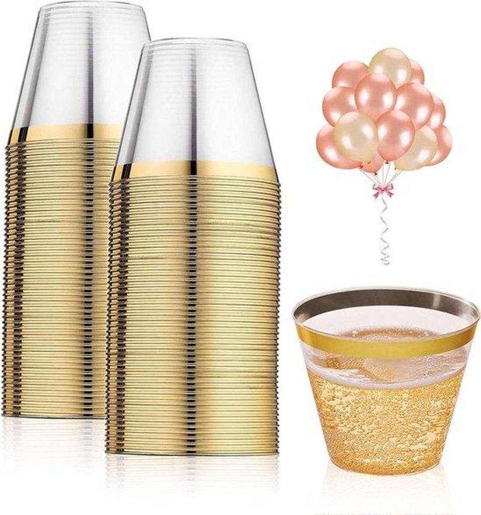 50 Stück transparente Plastikbecher mit goldenem Rand, 255 ml, herstellbar für Feier, Party, Camping, Picknick, Dekoration