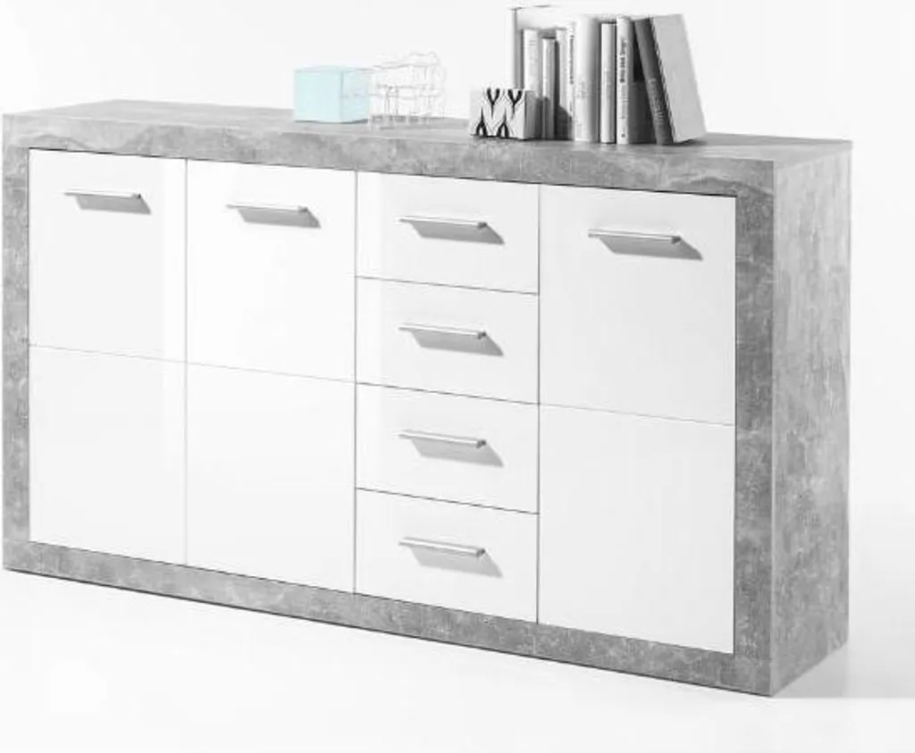 Buffet laqué blanc brillant style industriel béton avec rangements - 12