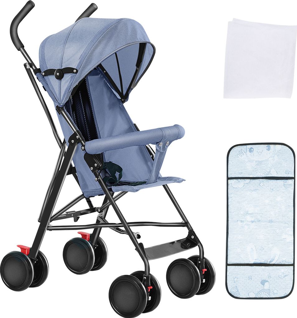 Kinderwagen Buggy Klein Zusammenklappbar Buggy Kinderbuggy Sportwagen mit 4 Räder Inkl.Moskitonetz und Sonnenverdeck blau