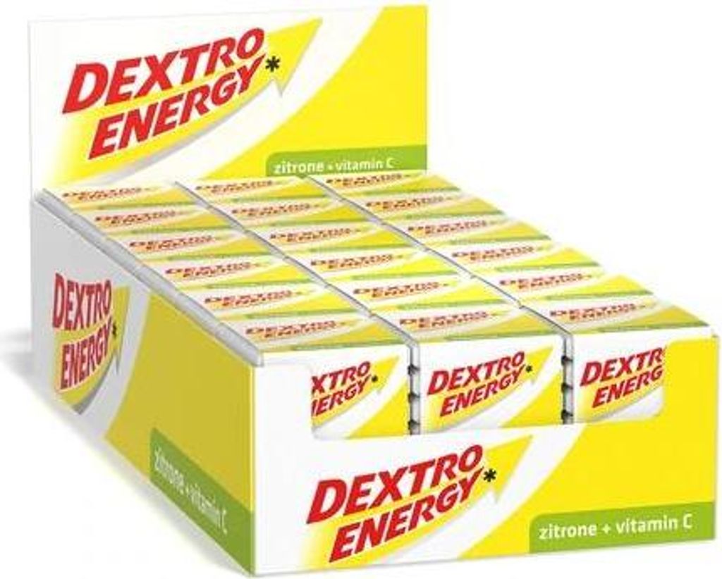 A display box filled with Dextro Energy chews.
