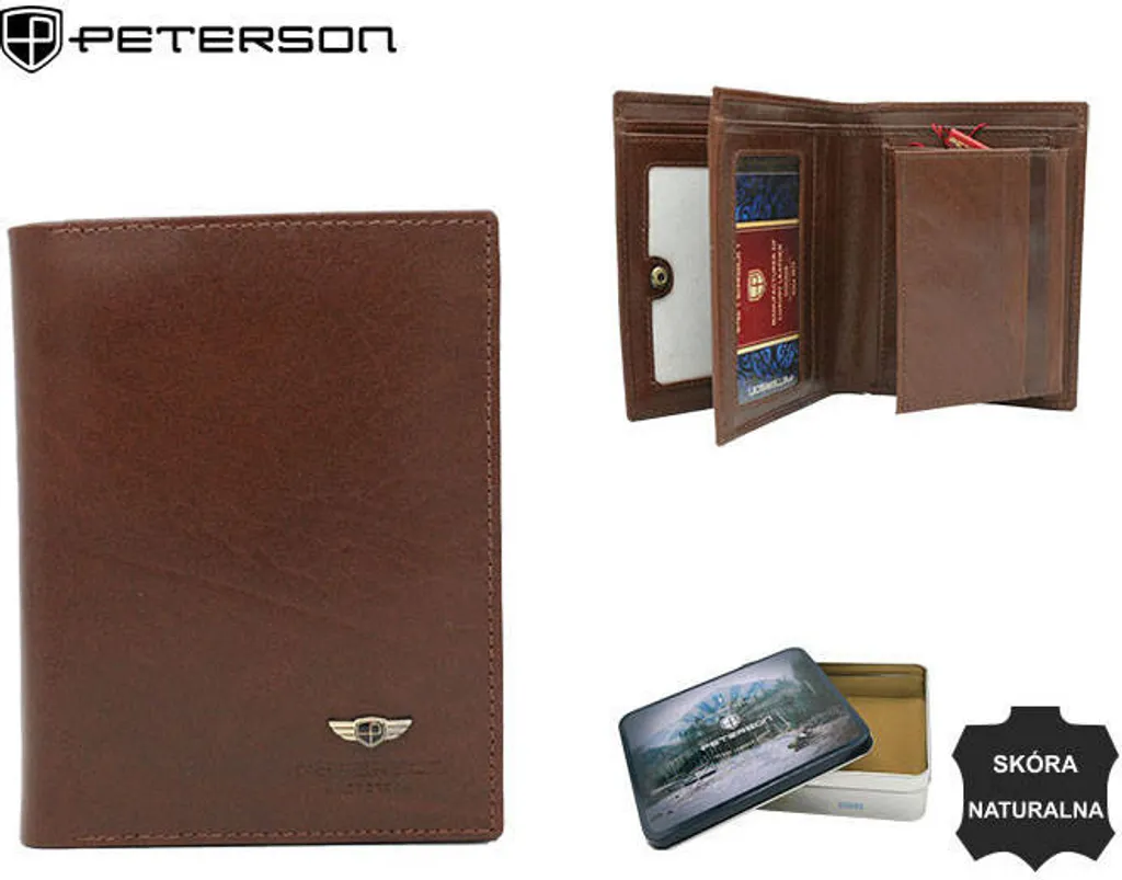 Peterson Elegante Portafoglio Uomo Marrone 10x12,5 cm Pelle Naturale