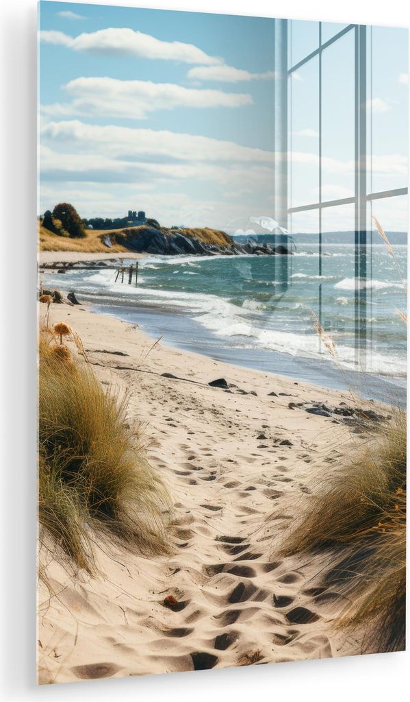 MuchoWow Glasbilder - Bilder auf Wandbild - Foto auf Glas Strand - Dünen - Strandhafer - Meer - Sand 80x120 cm Wanddekoration aus Glas - Acrylglas...