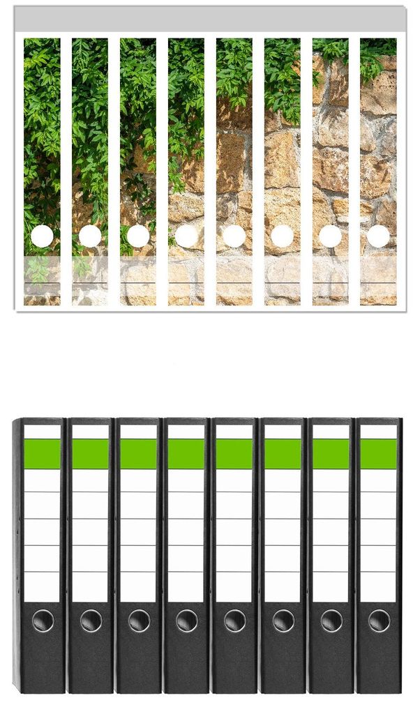 Wallario 8 Stück schmale Ordner inkl. Klebeetiketten mit Motive Natursteinwand mit Ranken - Set mit Rückenschildern / Ordnerrücken Stickern