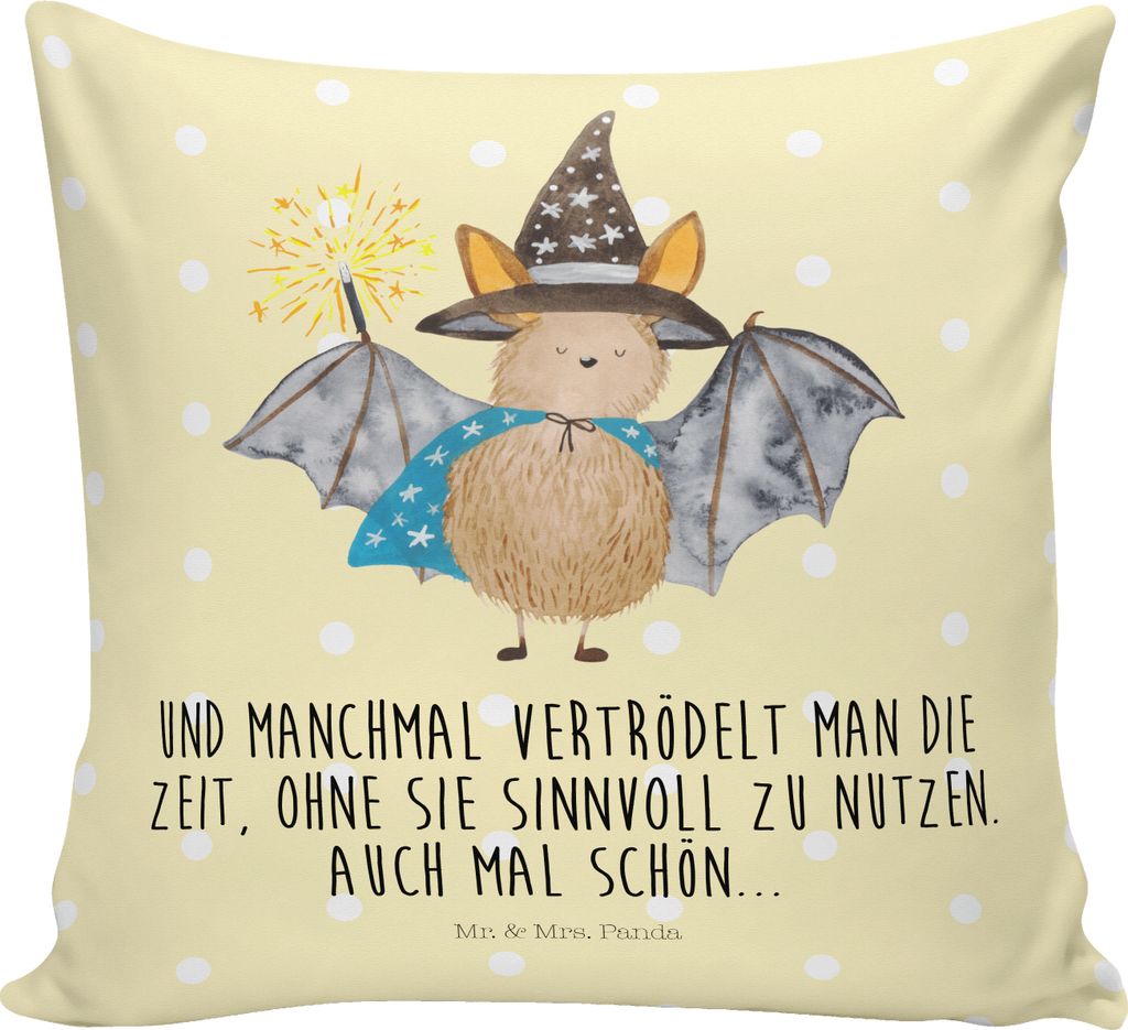 Mr. & Mrs. Panda Kissen 40x40 Fledermaus Zauberer - Gelb Pastell - Geschenk, für sofa, Fledermäuse, Frauen, couch, Tiermotive, Reinsteigern, kusc...