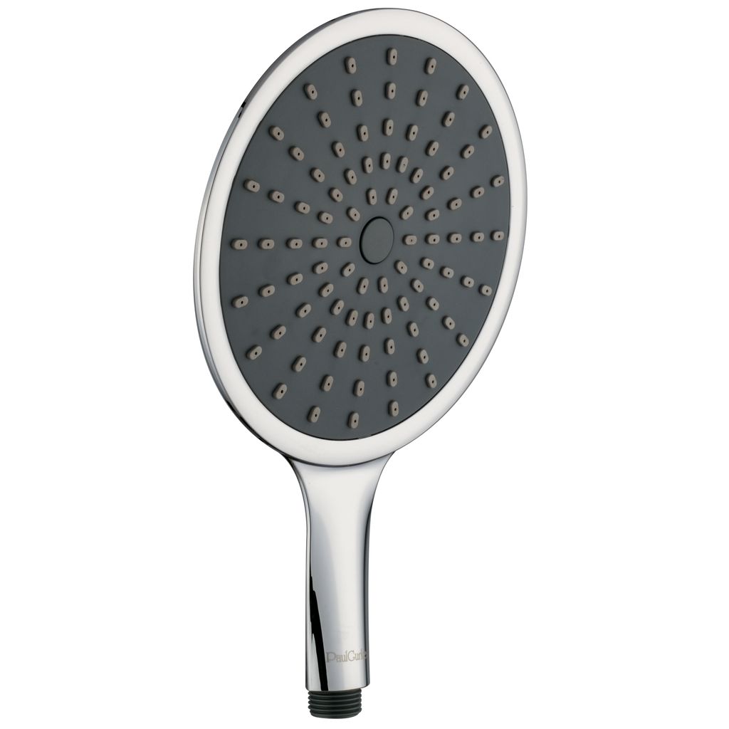 A close-up studio shot of a silver and gray shower head against a white background.