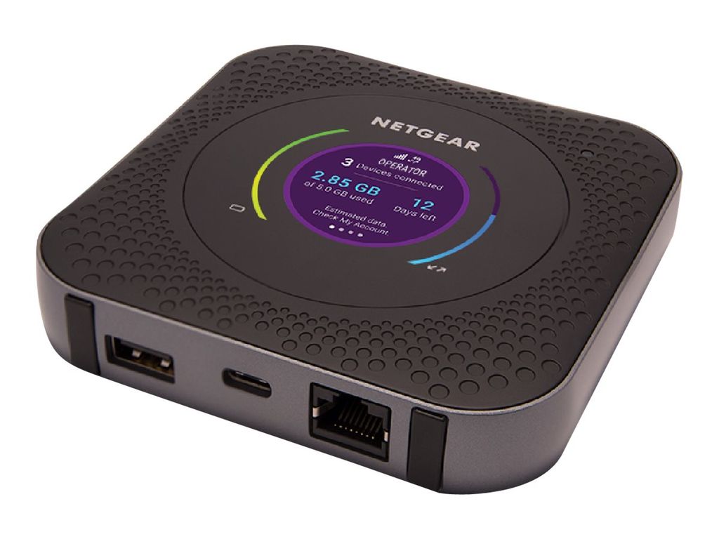 A black and gray Netgear Nighthawk mobile hotspot router is shown on a white background.
