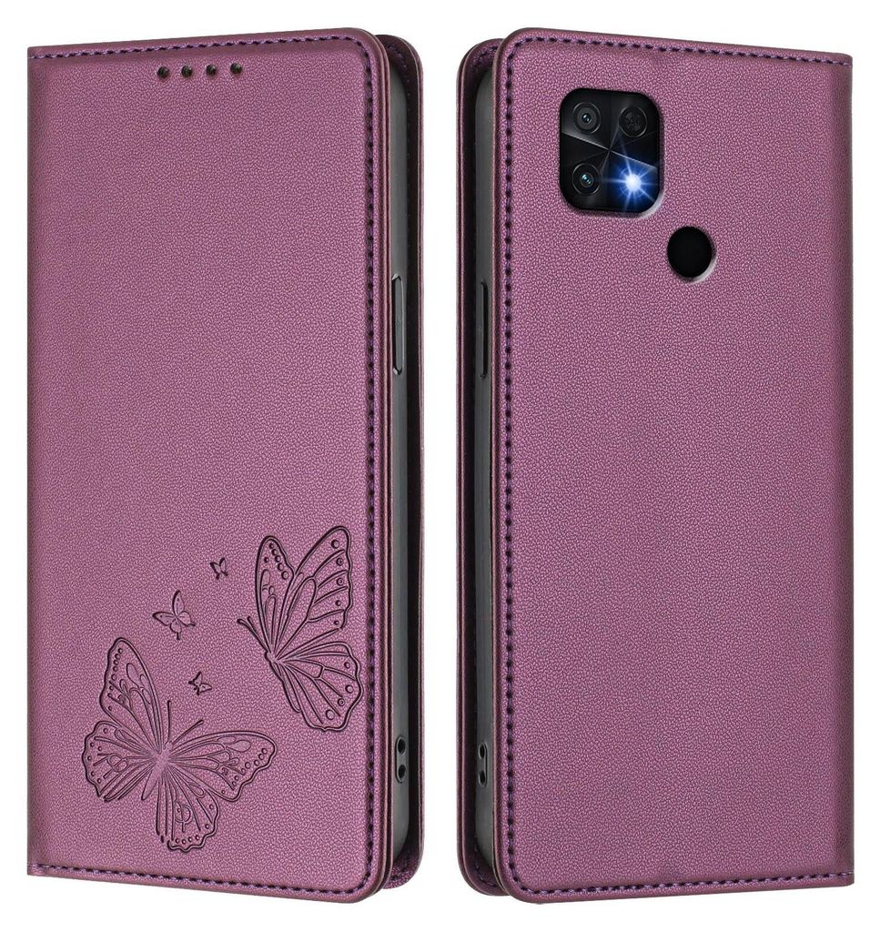 Lederhülle für Xiaomi Poco C40/Redmi 10C, Schmetterling Prägung Leder Brieftasche Schutzhülle mit Ständer Lila