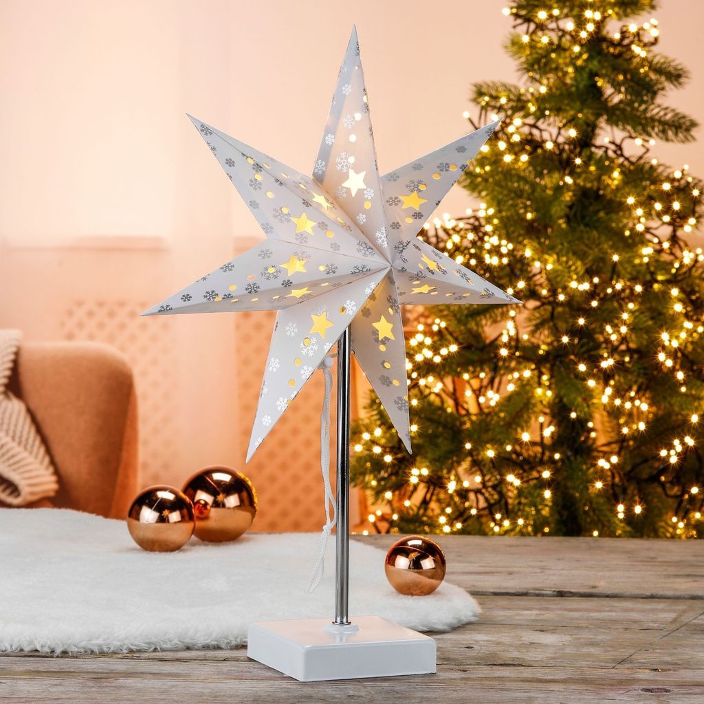HI Papierstern leuchtend mit silber Schneeflocken 76208 Produktbild 