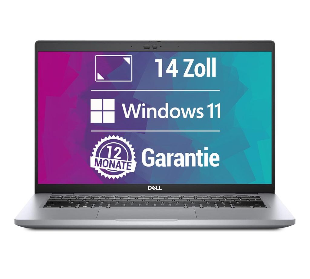 A silver Dell laptop is shown from the front, with a colorful marketing overlay on the screen.