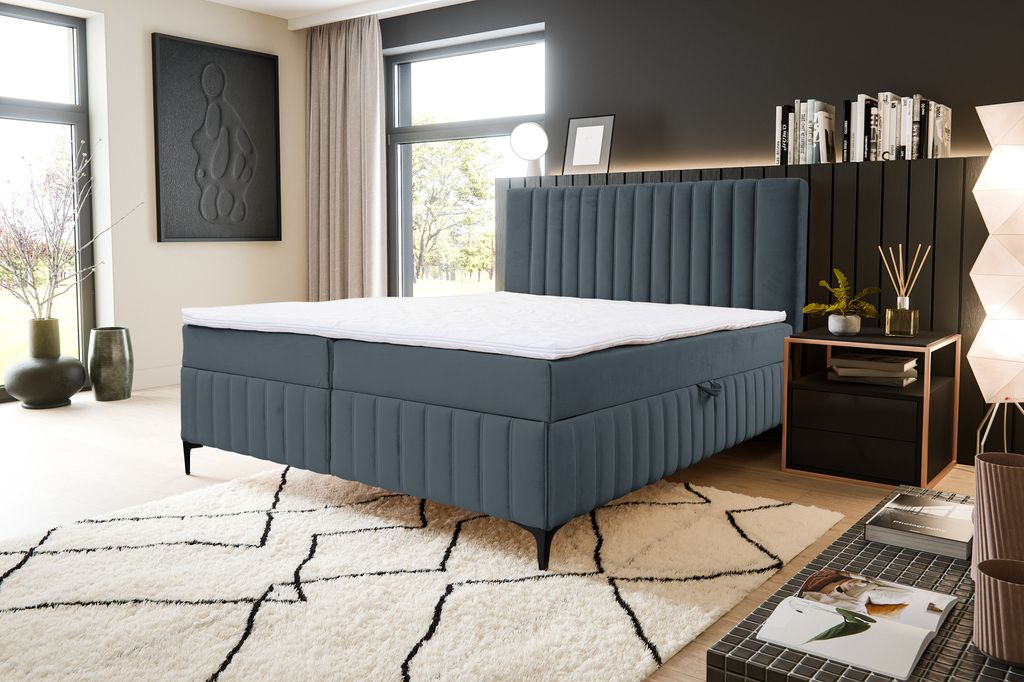 VENASI QUANT Boxspringbett 140x200 mit 2 Bettkästen und TOPPER H2/H3 Matratze DUNKELGRAU Bluvel 18