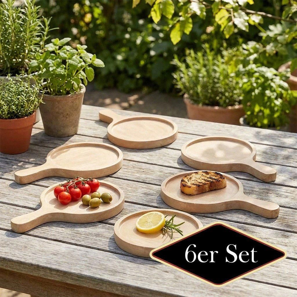 Premium Servierbrett Holz -Mittel- rund natur, matt, mit Griff, L.26 cm, 6er Set