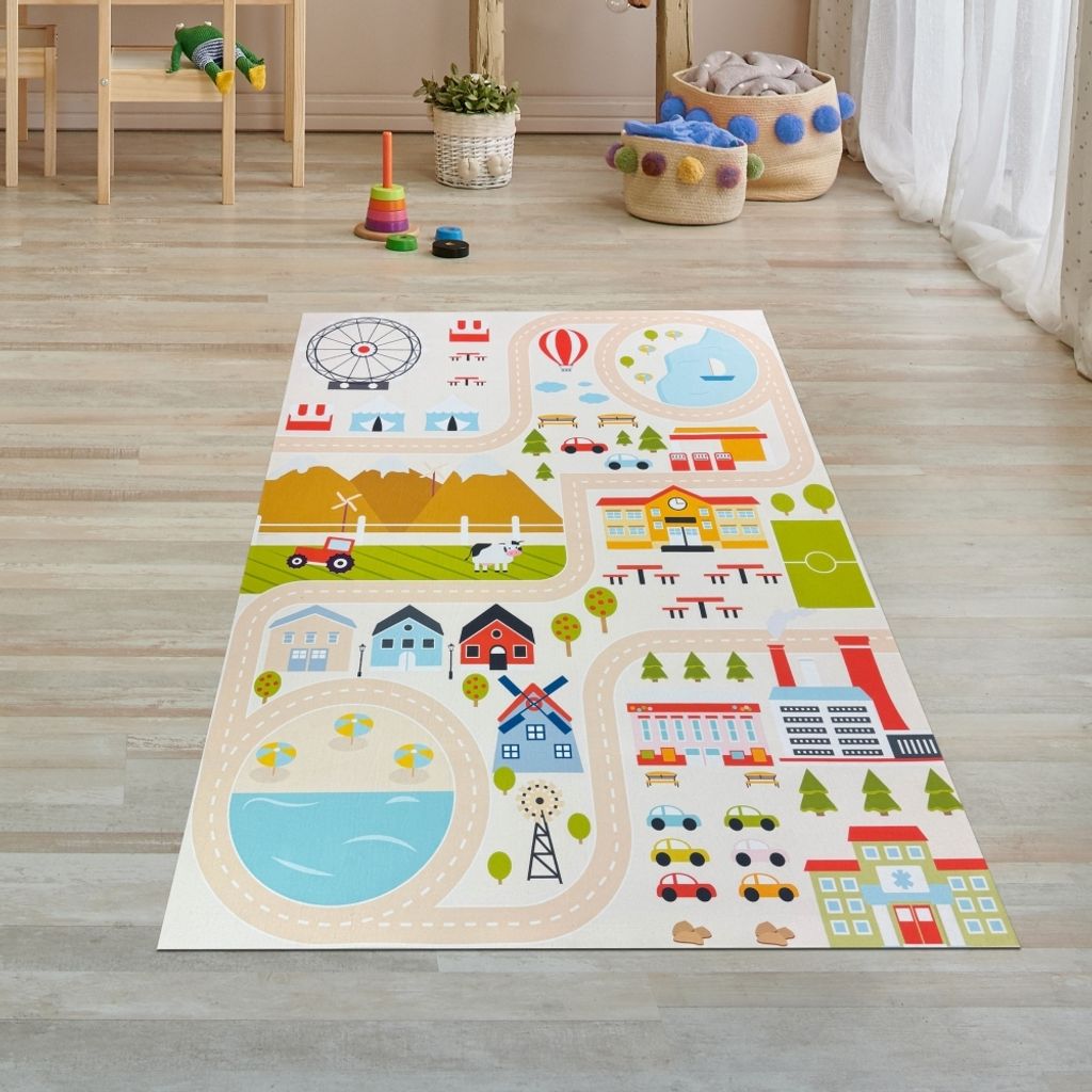 Kinderzimmerteppich rutschsicher mit Städtemuster in Beige Größe - 100 x 200 cm