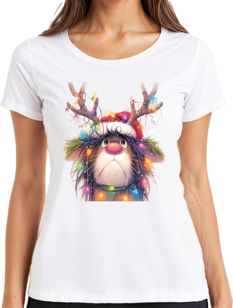 Rudolf Rentier Lichterkette Weihnachten niedlich Cartoon Geschenk Damen T-Shirt, Weiß, M