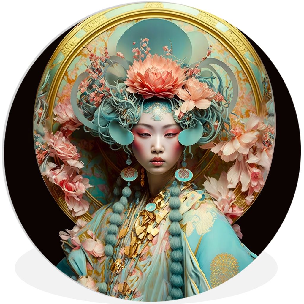 MuchoWow Rundes Wandbild - Runde Bilder Frau - Blumen - Rosa - Porträt - Asiatisch Ø 30 cm Kreis Wanddekoration Kunststoff - Wandkreis - Wandsc...