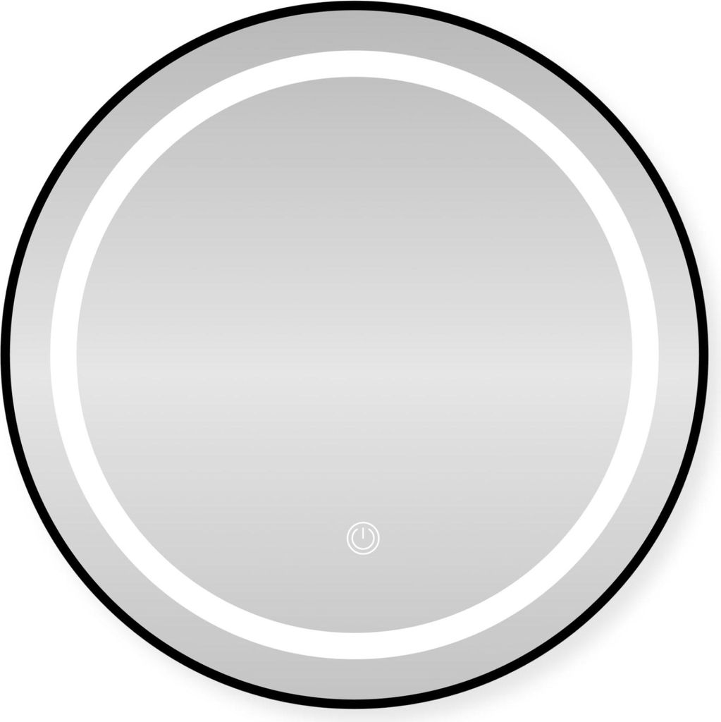 A round LED bathroom mirror with a black metal frame and a power button icon in the center.