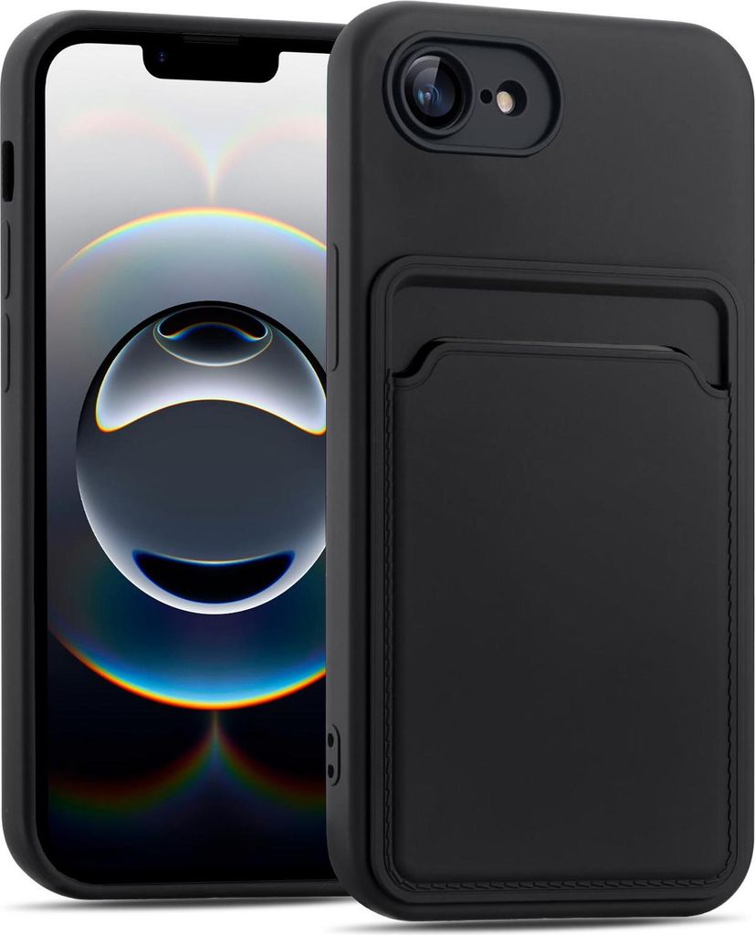 A black iPhone case with a card slot is shown next to an iPhone.