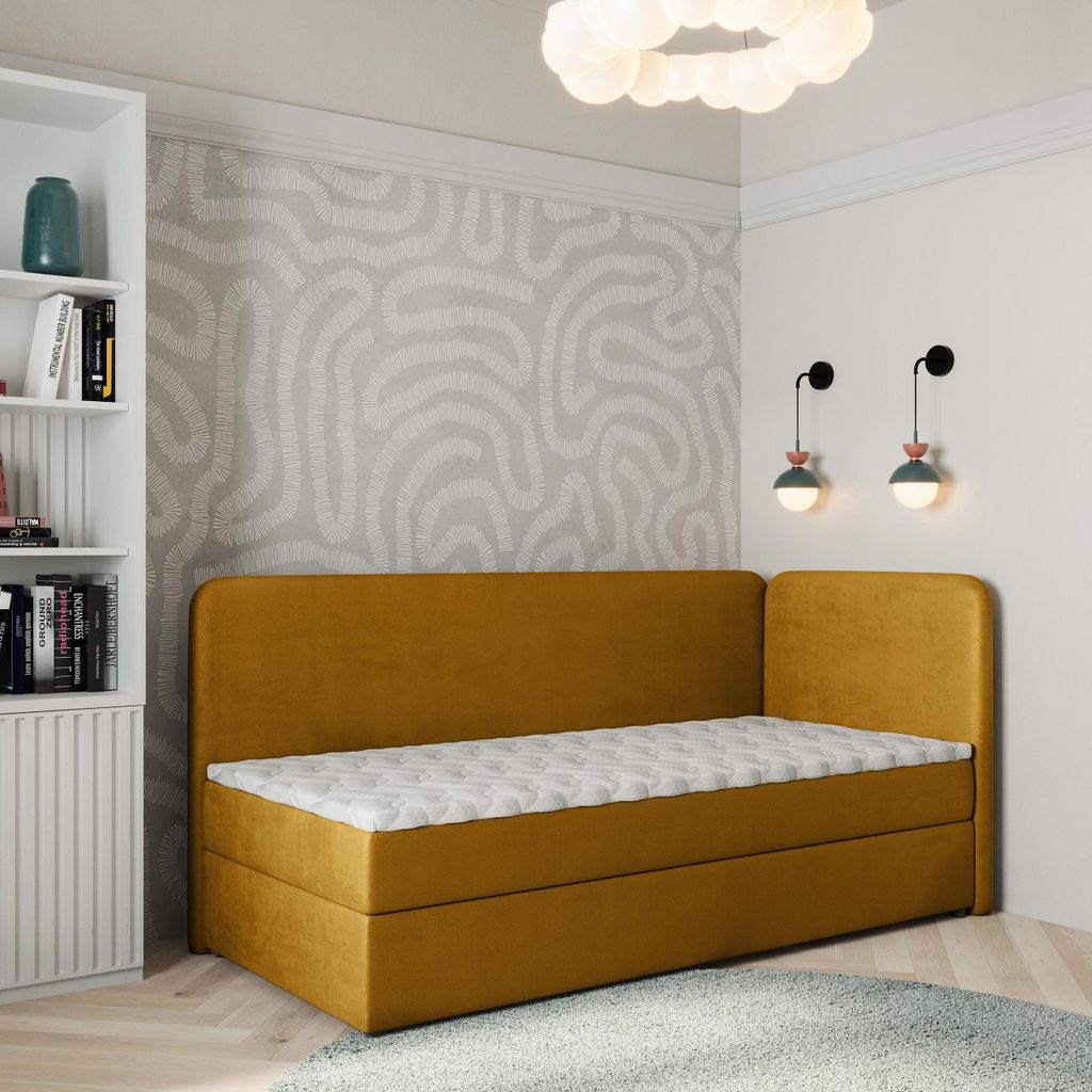 Masseno Boxspringbett GINA 80x200 cm Komplett-Set mit Bonell Matratze und Topper, Polsterbett mit Bettkästen -Gelb, KRONOS 01