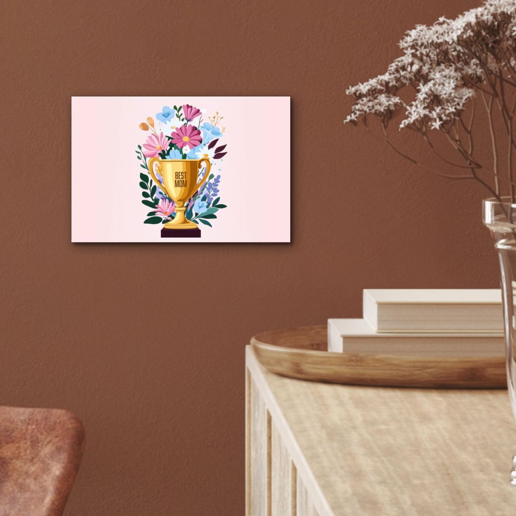 MuchoWow Wanddekoration Metall Metallbild Wandkunst 30x20 cm Trophäe - Beste Mutter - Blumen - Bunt MuchoWow Aluminium Gemälde - Aluminiumgemälder