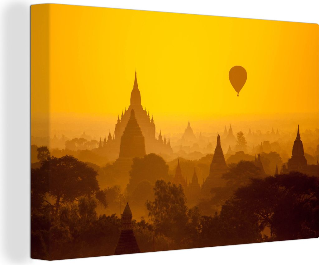 OneMillionCanvasses - Leinwandbilder - 140x90 cm, Oranger Sonnenuntergang in Bagan in Myanmar, Wandbilder Kunstdruck Wanddekoration - Foto auf Le...