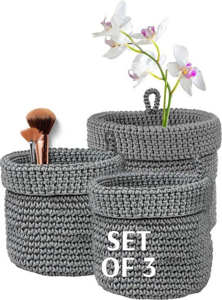 e Haushaltsorganizer, Set aus 3, graue Schachtel, 2 x 14 cm und 1 x 17 cm, Haken für kleine Gegenstände und Kosmetik, gestrickte Schachtel, ideal...