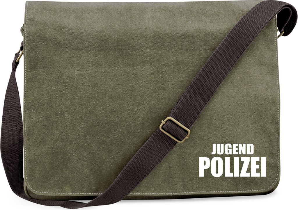 Huuraa Umhängetasche Jugend Polizei Schriftzug 14 Liter Military Green Canvas Laptoptasche Geschenkidee